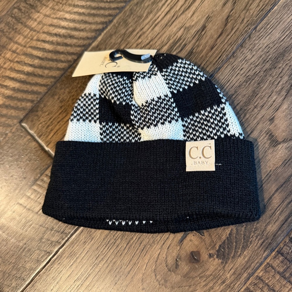 CC Baby NWT Beanie Black White Buffalo Plaid Knit Cuffed Winter Hat RN 88320